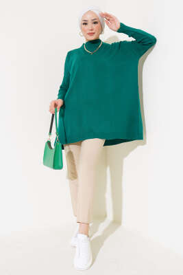 Yarım Boğazlı Kolu Fitilli Triko Tunik Zümrüt Yeşili - Triko Tunik