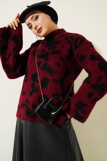 Yarım Boğazlı Leopar Desen Triko Kazak Bordo - Triko Kazak