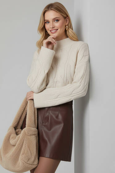 Yarım Boğazlı Sakallı Kazak Bej - Kadın Giyim Modelleri