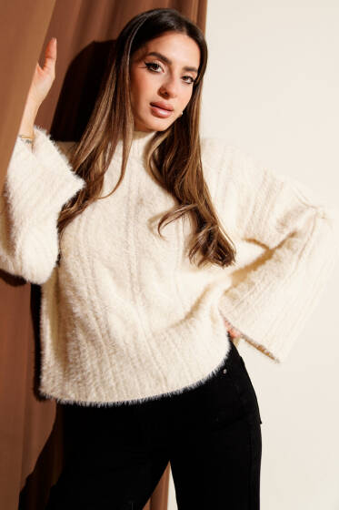 Yarım Boğazlı Sakallı Kazak Bej - Kadın Giyim Modelleri