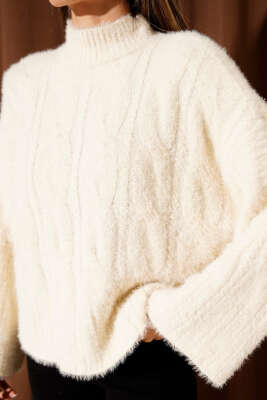 Yarım Boğazlı Sakallı Kazak Bej - Kadın Giyim Modelleri