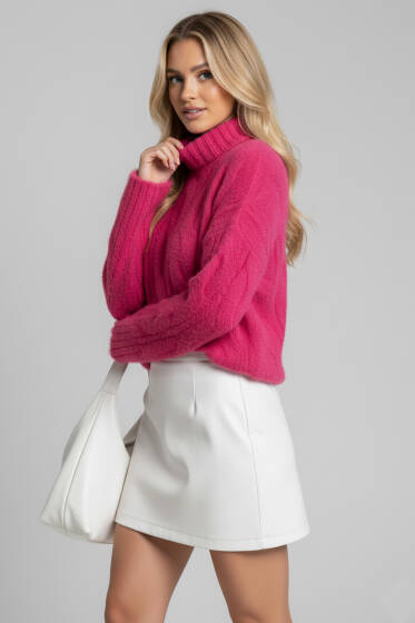 Yarım Boğazlı Sakallı Kazak Fuşya - Kadın Giyim Modelleri