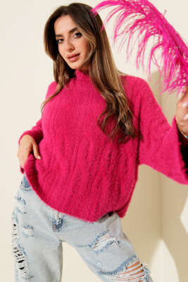 Yarım Boğazlı Sakallı Kazak Fuşya - Kadın Giyim Modelleri