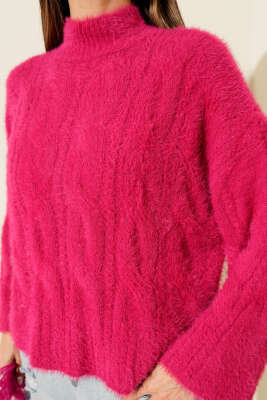 Yarım Boğazlı Sakallı Kazak Fuşya - Kadın Giyim Modelleri