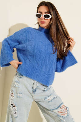 Yarım Boğazlı Sakallı Kazak Saks - Kadın Giyim Modelleri