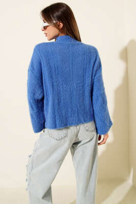 Yarım Boğazlı Sakallı Kazak Saks - Kadın Giyim Modelleri