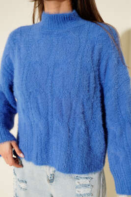 Yarım Boğazlı Sakallı Kazak Saks - Kadın Giyim Modelleri