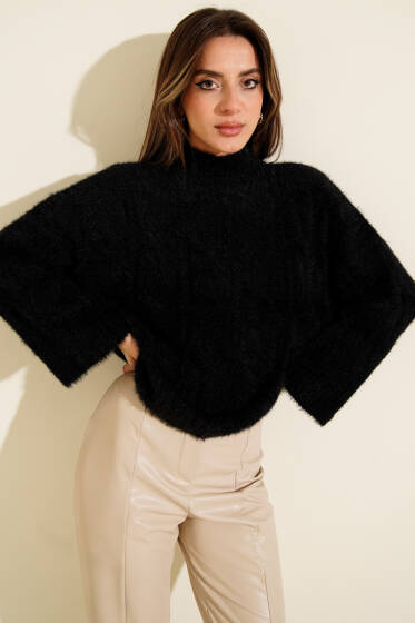 Yarım Boğazlı Sakallı Kazak Siyah - Kadın Giyim Modelleri