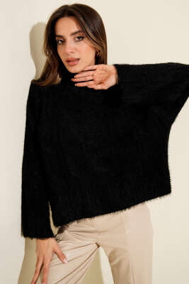 Yarım Boğazlı Sakallı Kazak Siyah - Kadın Giyim Modelleri