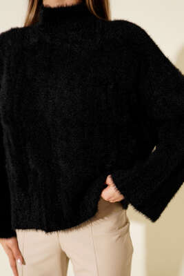 Yarım Boğazlı Sakallı Kazak Siyah - Kadın Giyim Modelleri