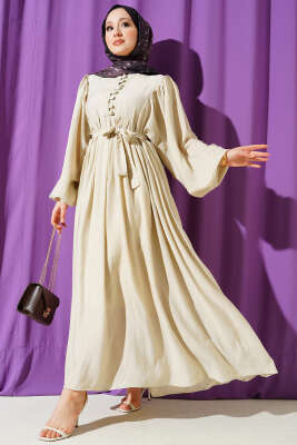 Yarım Brit Düğmeli Balon Kol Elbise Bej - BERAT TEKSTİL