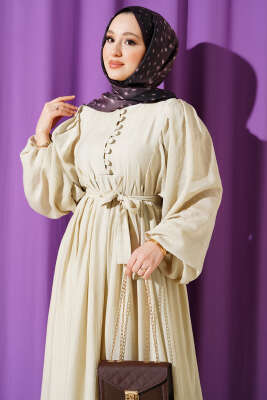 Yarım Brit Düğmeli Balon Kol Elbise Bej - Elbise