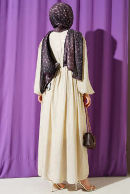 Yarım Brit Düğmeli Balon Kol Elbise Bej - Elbise