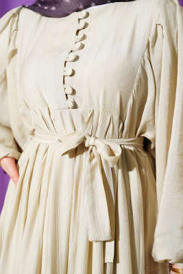 Yarım Brit Düğmeli Balon Kol Elbise Bej - Elbise