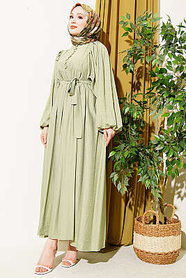 Yarım Brit Düğmeli Balon Kol Elbise Çağla Yeşili 