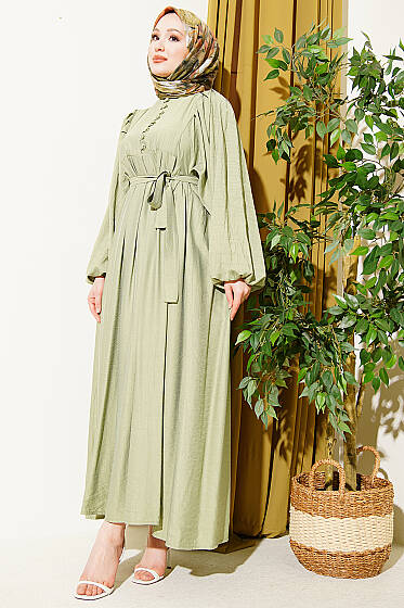 Yarım Brit Düğmeli Balon Kol Elbise Çağla Yeşili - Elbise
