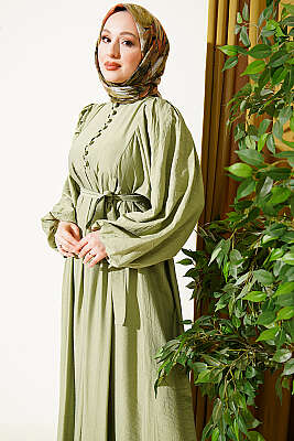 Yarım Brit Düğmeli Balon Kol Elbise Çağla Yeşili - Elbise