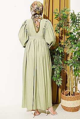 Yarım Brit Düğmeli Balon Kol Elbise Çağla Yeşili - Elbise