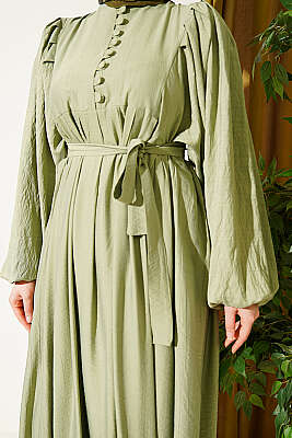 Yarım Brit Düğmeli Balon Kol Elbise Çağla Yeşili - Elbise