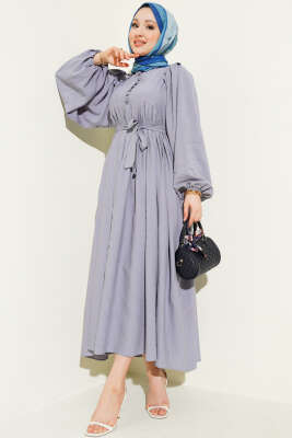 Yarım Brit Düğmeli Balon Kol Elbise Gri - BERAT TEKSTİL