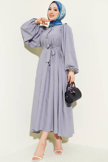 Yarım Brit Düğmeli Balon Kol Elbise Gri - Elbise