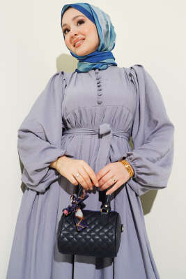 Yarım Brit Düğmeli Balon Kol Elbise Gri - Elbise