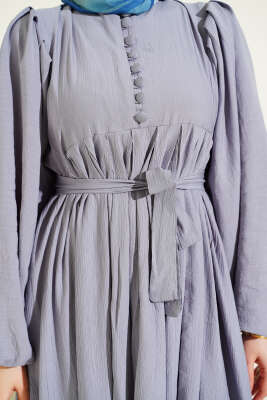 Yarım Brit Düğmeli Balon Kol Elbise Gri - Elbise