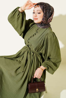 Yarım Brit Düğmeli Balon Kol Elbise Haki - BERAT TEKSTİL