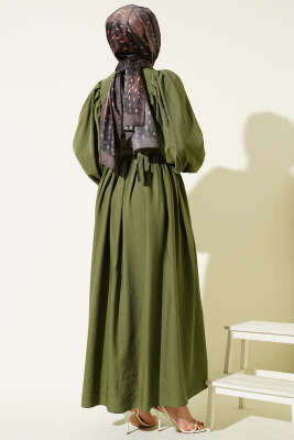 Yarım Brit Düğmeli Balon Kol Elbise Haki - Elbise