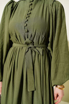 Yarım Brit Düğmeli Balon Kol Elbise Haki - Elbise