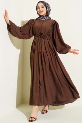 Yarım Brit Düğmeli Balon Kol Elbise Kahve - BERAT TEKSTİL