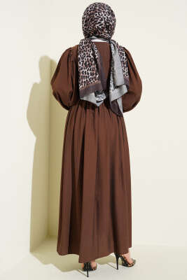 Yarım Brit Düğmeli Balon Kol Elbise Kahve - Elbise