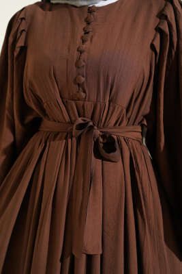 Yarım Brit Düğmeli Balon Kol Elbise Kahve - Elbise