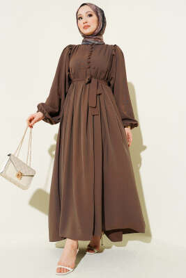 Yarım Brit Düğmeli Balon Kol Elbise Kestane - BERAT TEKSTİL