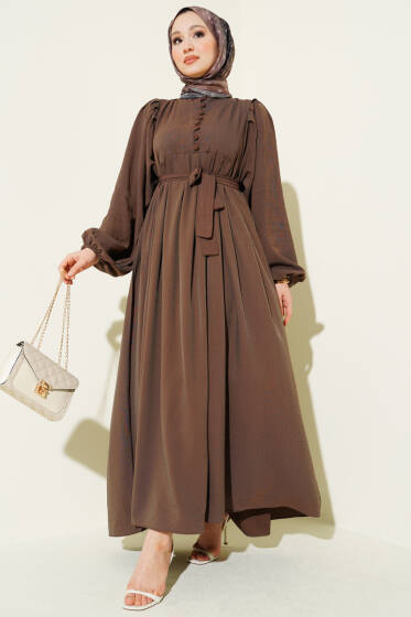 Yarım Brit Düğmeli Balon Kol Elbise Kestane - Elbise