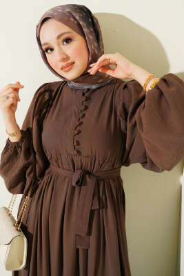 Yarım Brit Düğmeli Balon Kol Elbise Kestane - Elbise