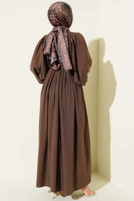 Yarım Brit Düğmeli Balon Kol Elbise Kestane - Elbise