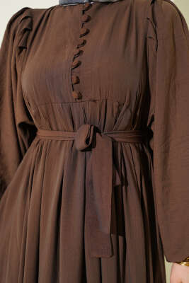 Yarım Brit Düğmeli Balon Kol Elbise Kestane - Elbise