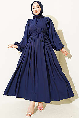 Yarım Brit Düğmeli Balon Kol Elbise Lacivert 