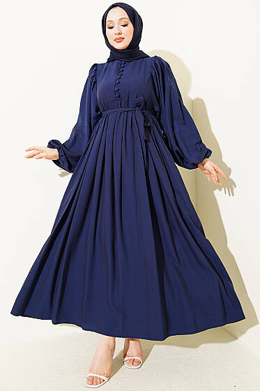 Yarım Brit Düğmeli Balon Kol Elbise Lacivert - Elbise