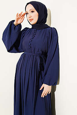 Yarım Brit Düğmeli Balon Kol Elbise Lacivert - Elbise