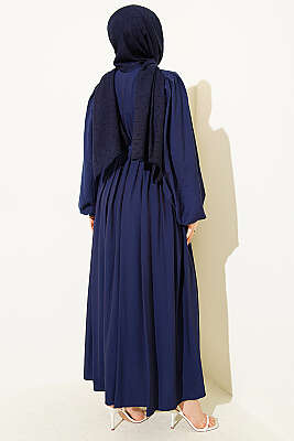 Yarım Brit Düğmeli Balon Kol Elbise Lacivert - Elbise