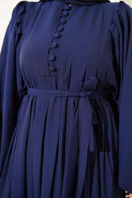 Yarım Brit Düğmeli Balon Kol Elbise Lacivert - Elbise