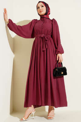 Yarım Brit Düğmeli Balon Kol Elbise Magenta - BERAT TEKSTİL