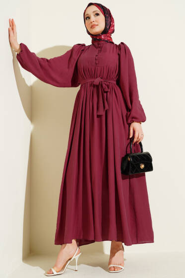 Yarım Brit Düğmeli Balon Kol Elbise Magenta - Elbise