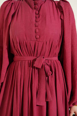 Yarım Brit Düğmeli Balon Kol Elbise Magenta - Elbise