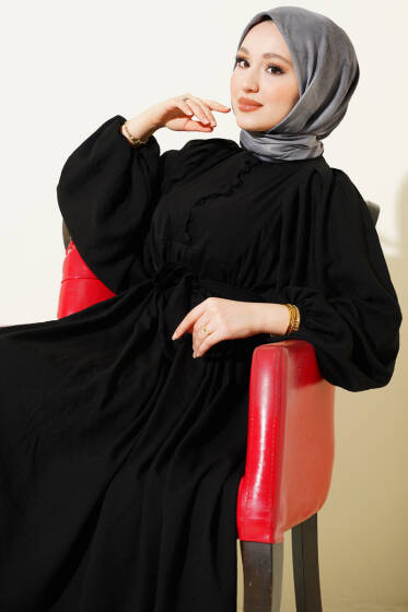 Yarım Brit Düğmeli Balon Kol Elbise Siyah - Elbise