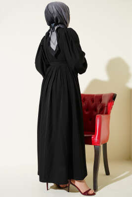 Yarım Brit Düğmeli Balon Kol Elbise Siyah - Elbise