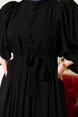 Yarım Brit Düğmeli Balon Kol Elbise Siyah - Elbise