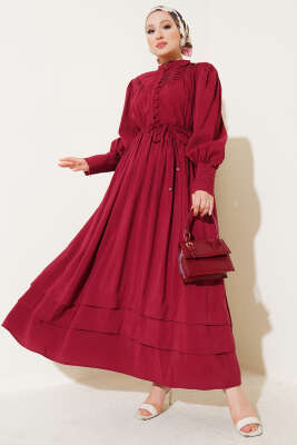 Yarım Brit Düğmeli Bel Lastikli Elbise Bordo 